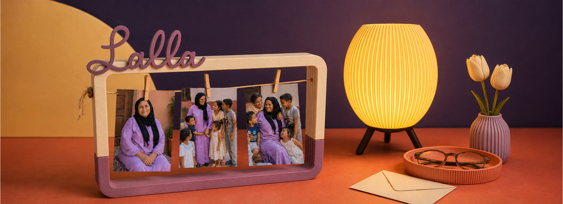 Une jeune femme offre un souvenir à sa grand-mère entourée de leur famille