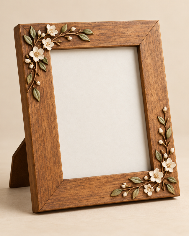 Cadre photo en bois avec décoration florale