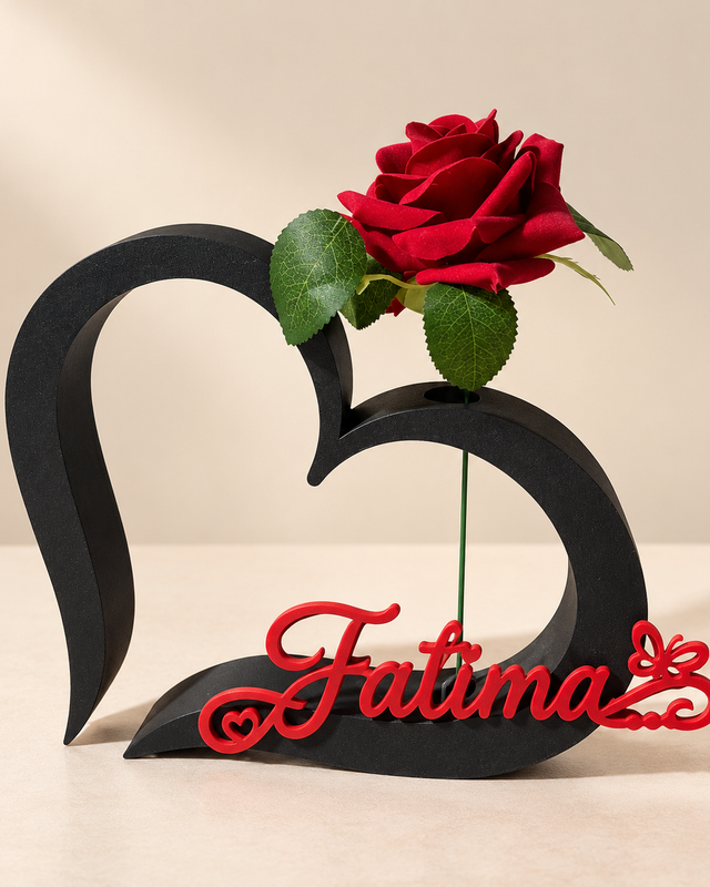 Cœur noir à poser, rose rouge et prénom Fatima en rouge présenté comme exemple.