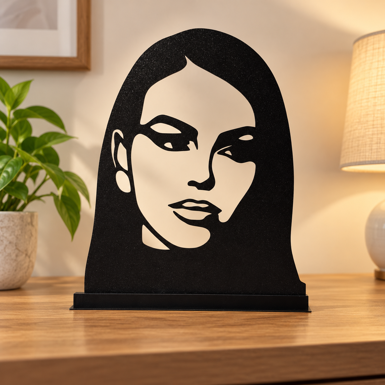 Portrait décoratif noir ajouré de deux personnes sur un socle rectangulaire.