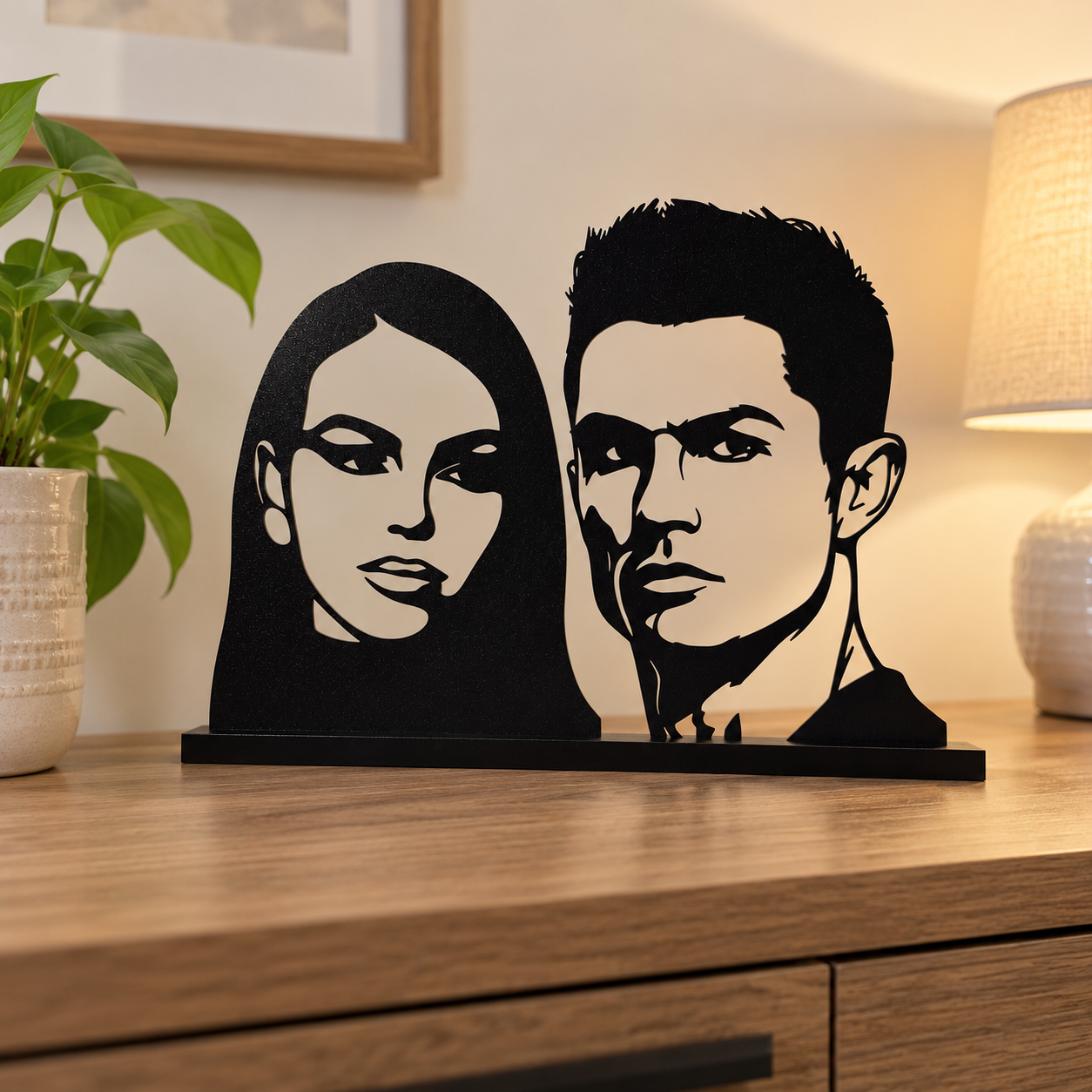 Portrait décoratif noir ajouré de deux personnes sur un socle rectangulaire.
