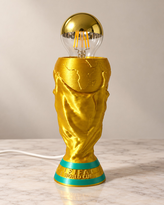 Lampe dorée en forme de trophée de football, base à bandes vertes, ampoule apparente à sommet doré et câble blanc.