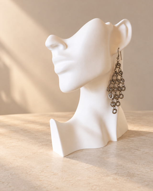 Présentoir blanc en forme de visage de profil avec une boucle d’oreille pendante.