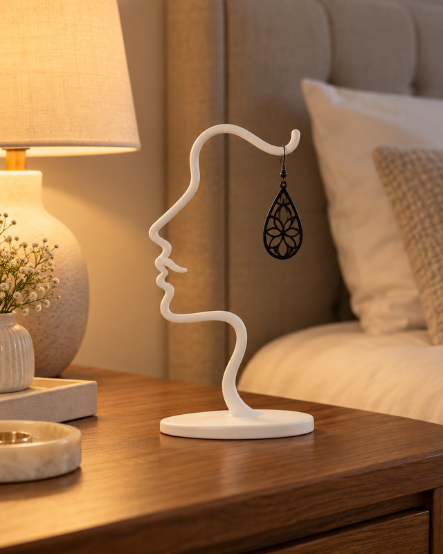Présentoir blanc au contour de visage sur base ovale, avec une boucle d’oreille noire suspendue.