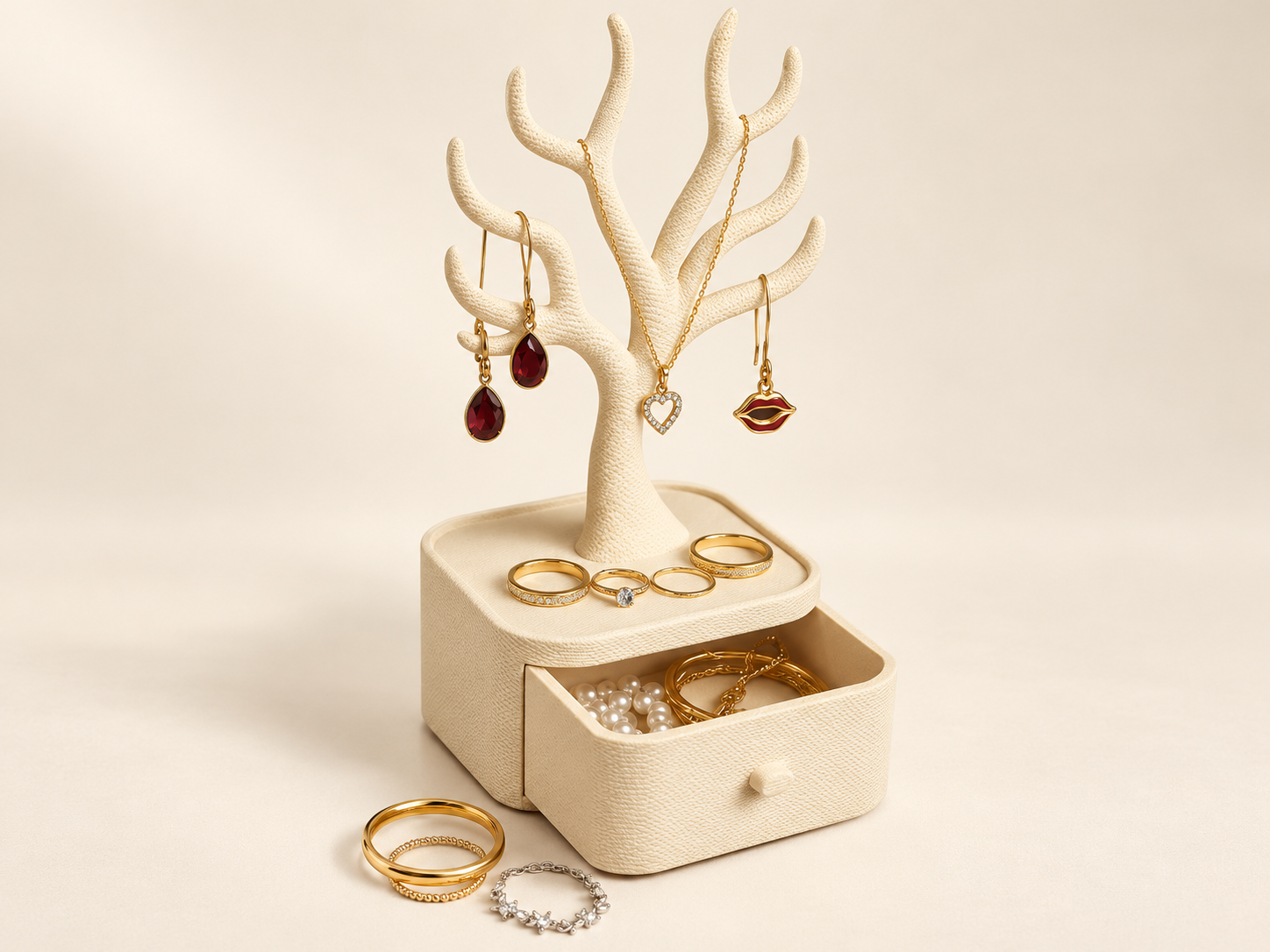 Arbre porte-bijoux blanc avec tiroir ouvert, bijoux exposés et prénom Hanane donné en exemple.