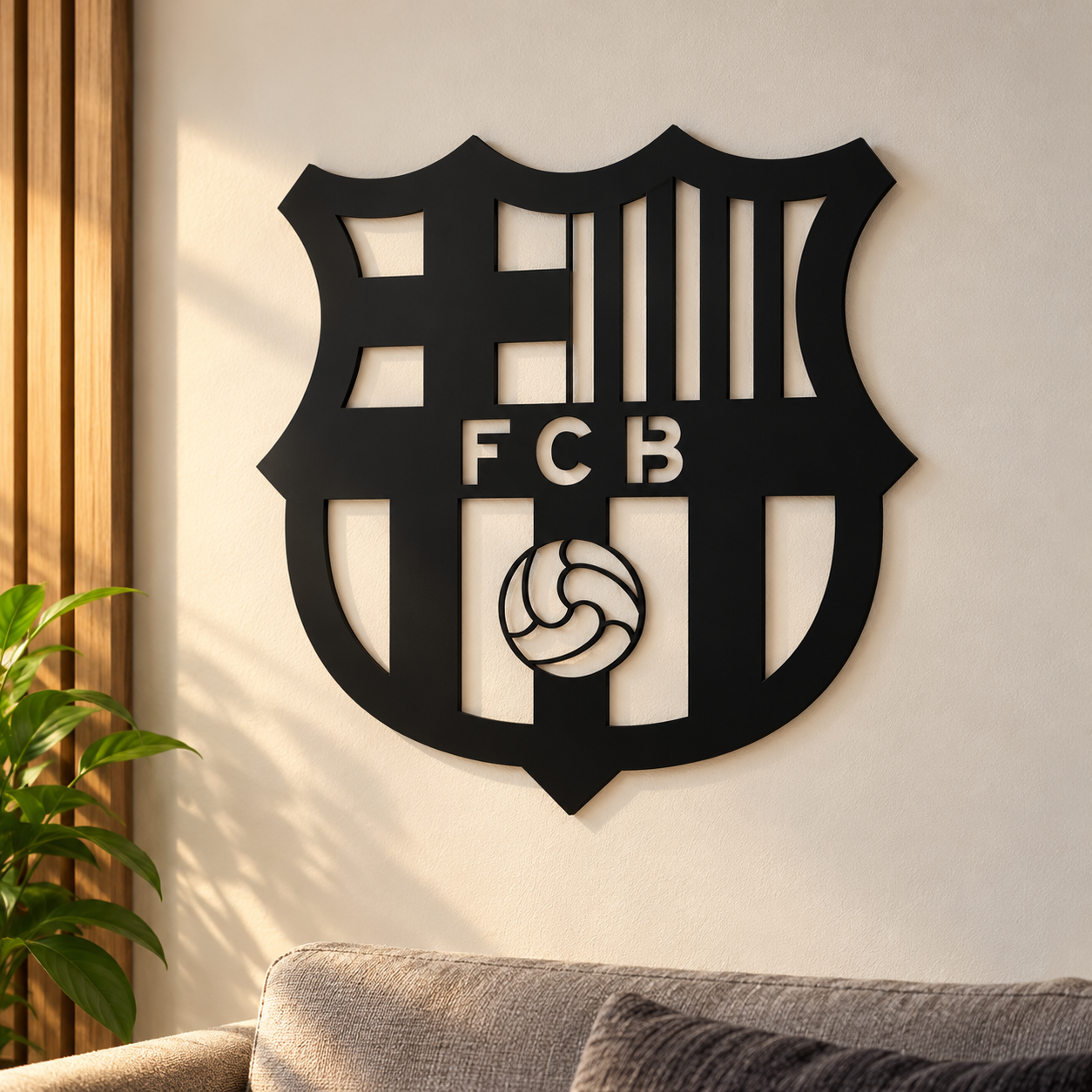 Écusson mural noir du Real Madrid, avec couronne et lettres entrelacées, sur un mur clair.