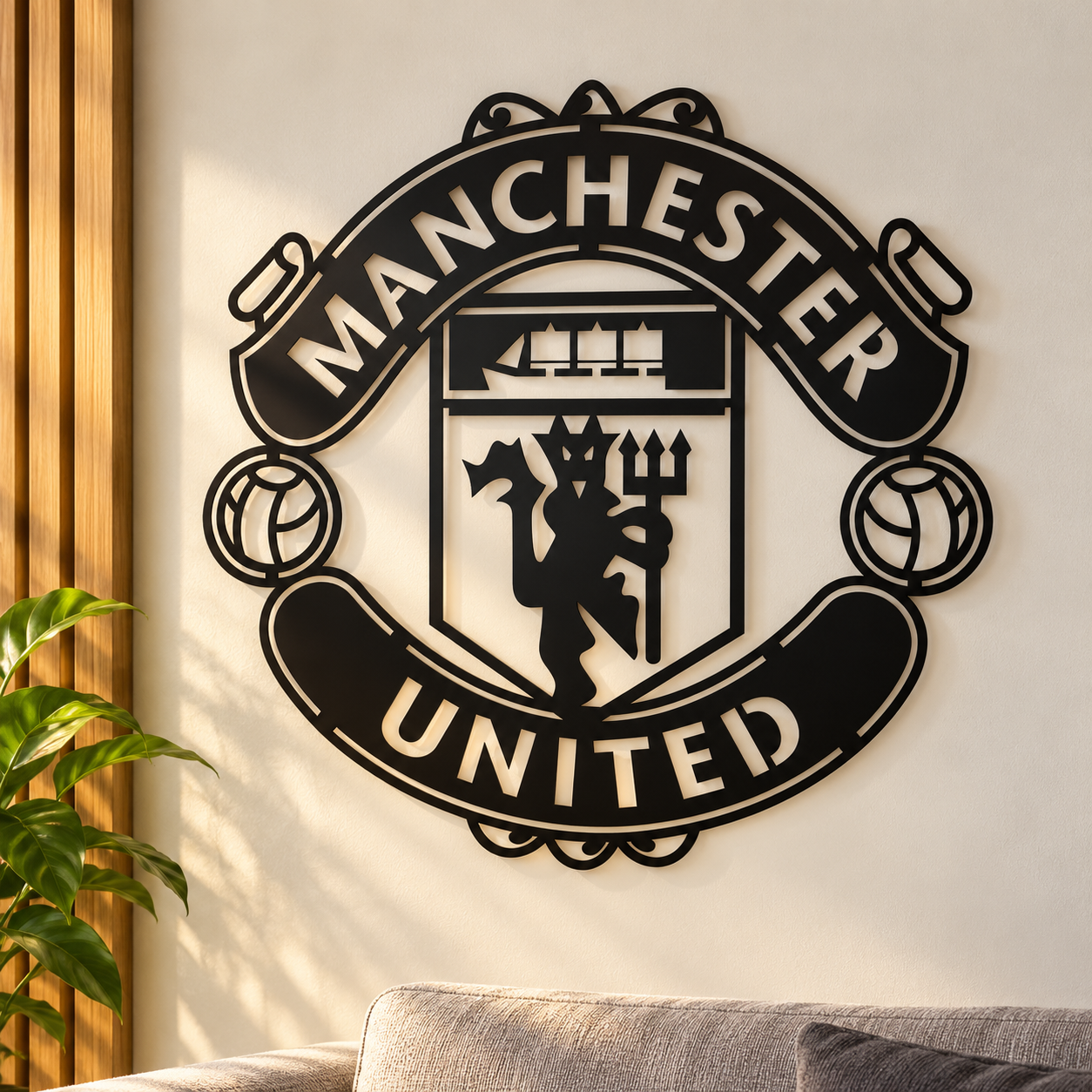 Écusson mural noir du Real Madrid, avec couronne et lettres entrelacées, sur un mur clair.