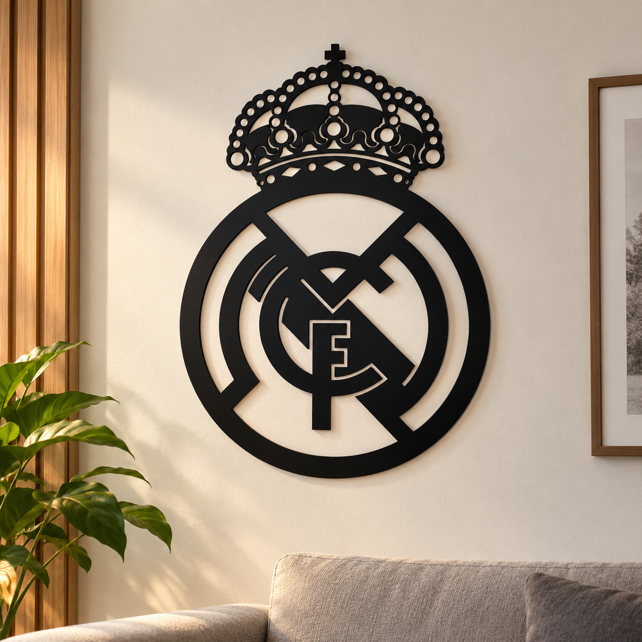 Écusson mural noir du Real Madrid, avec couronne et lettres entrelacées, sur un mur clair.