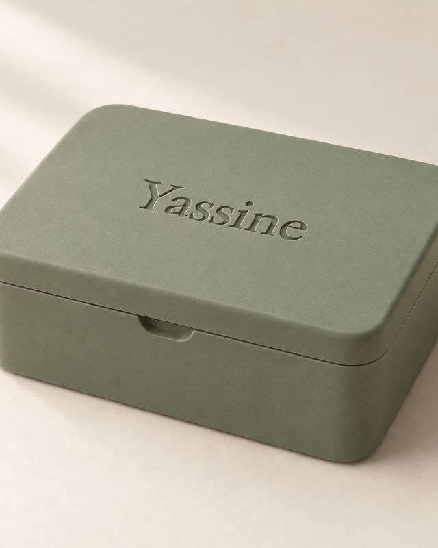Boîte rectangulaire vert sauge avec Yassine sur le couvercle