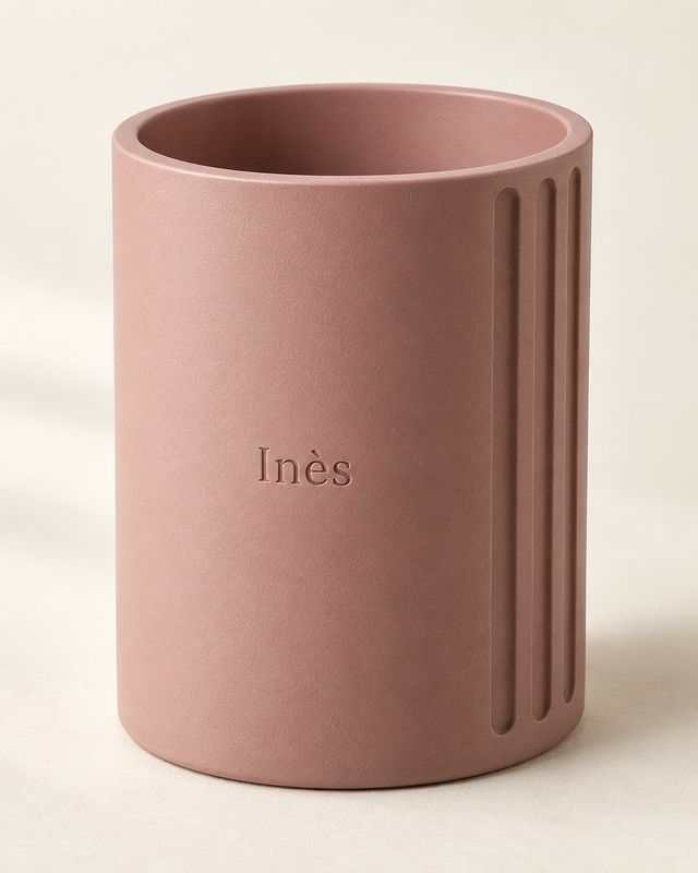 Pot à crayons rose poudré à trois rainures avec le prénom Inès