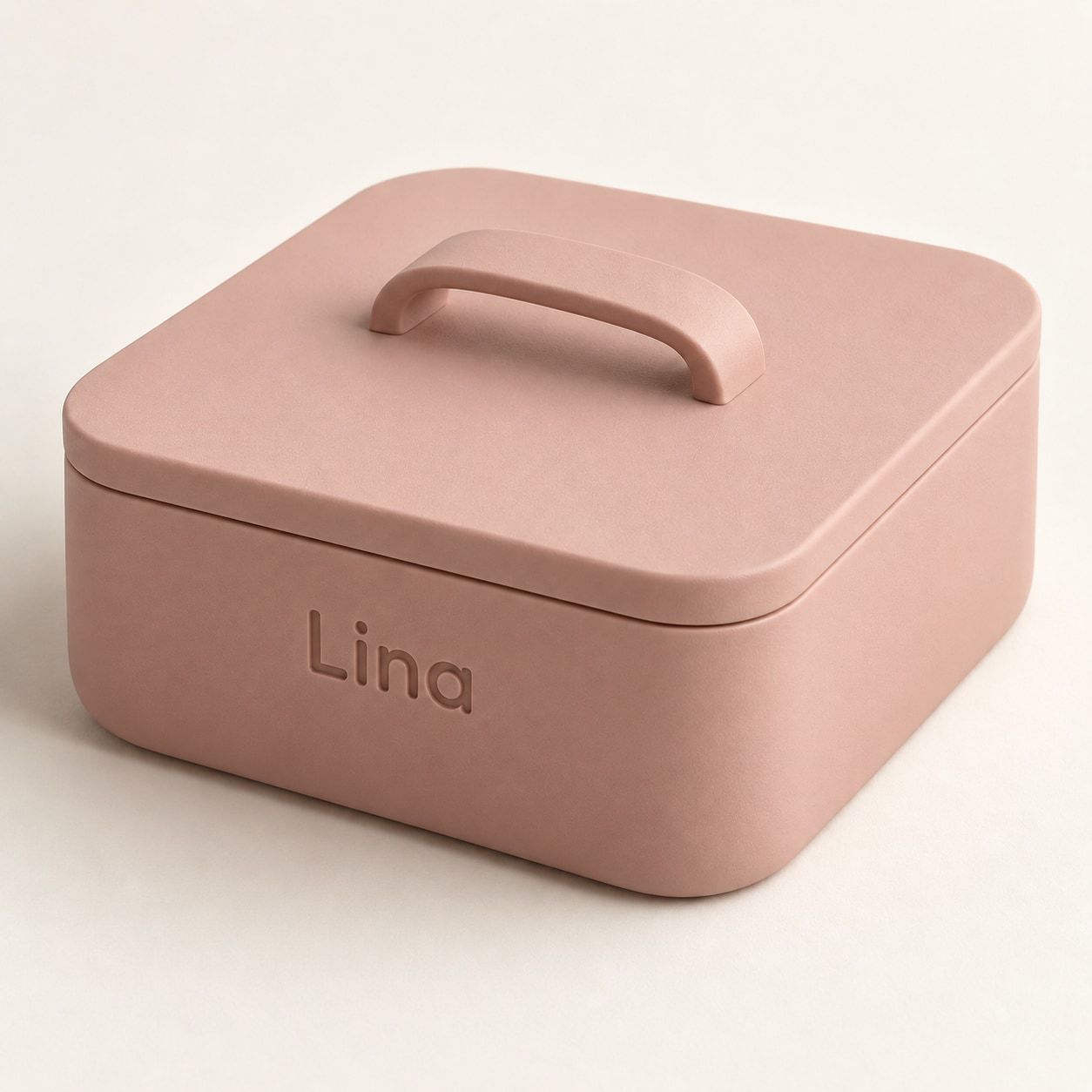 Boîte à bijoux rose sable avec poignée courbe et prénom Lina