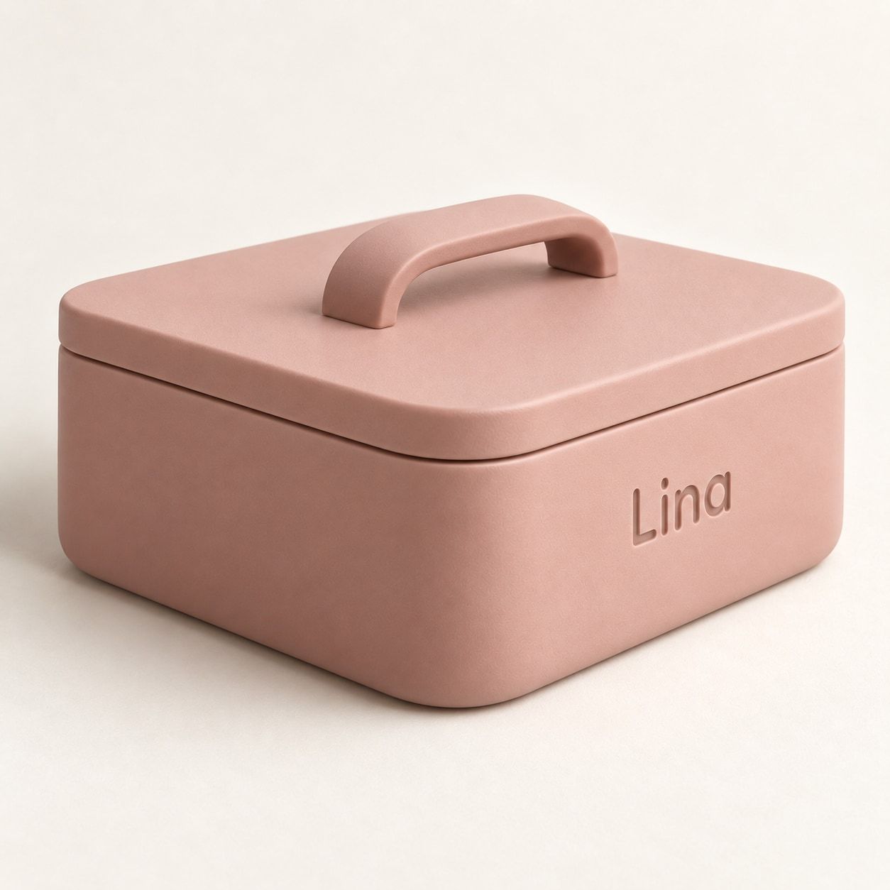 Boîte à bijoux rose sable avec poignée courbe et prénom Lina