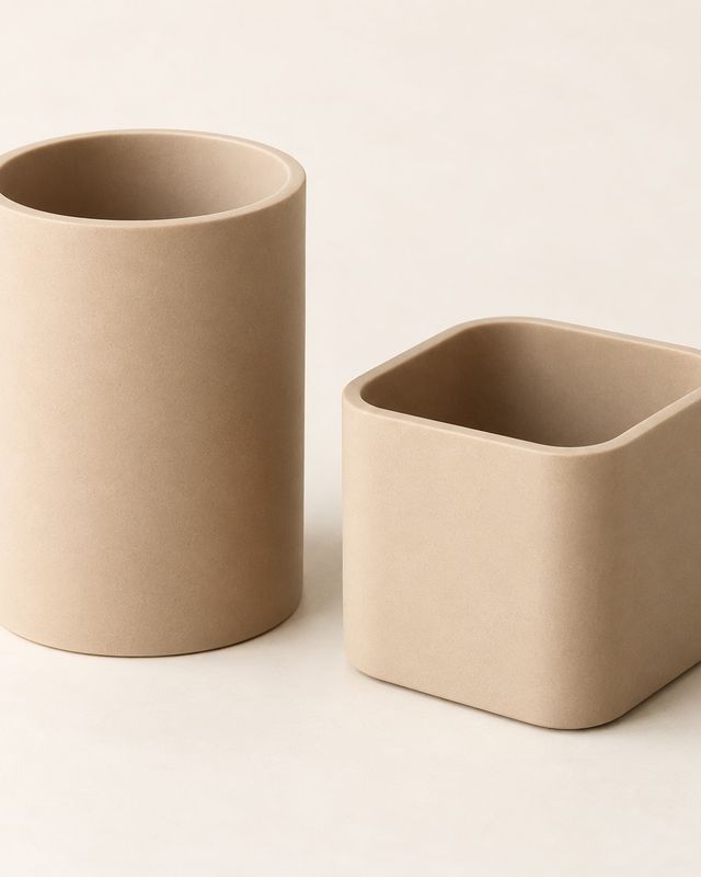 Deux pots de bureau sable, rond haut et carré bas